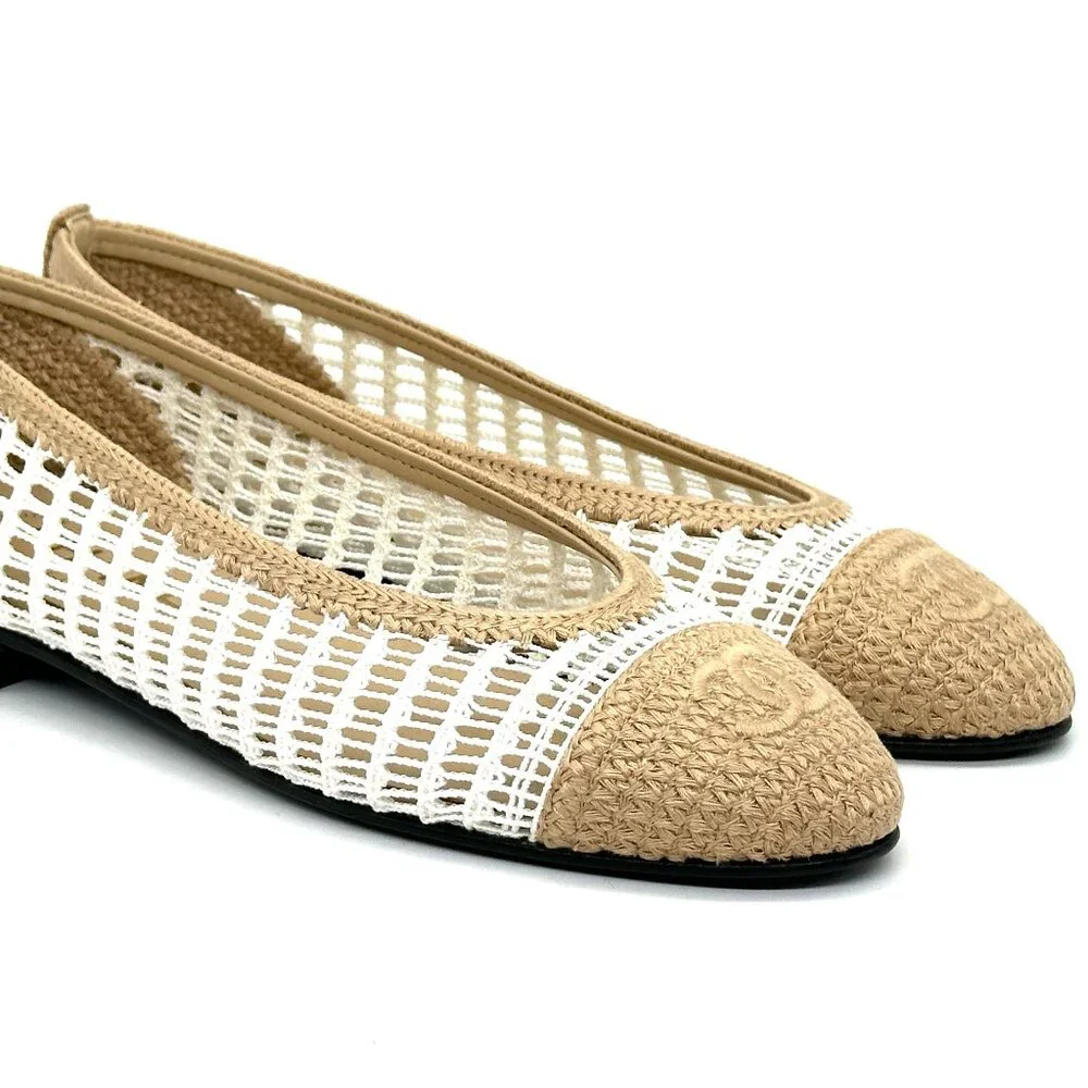 CHANEL REV CC Raffia Crochet Woven Two Tone Cap Toe Ballerina Ballet Flats - Picture 6 of 13